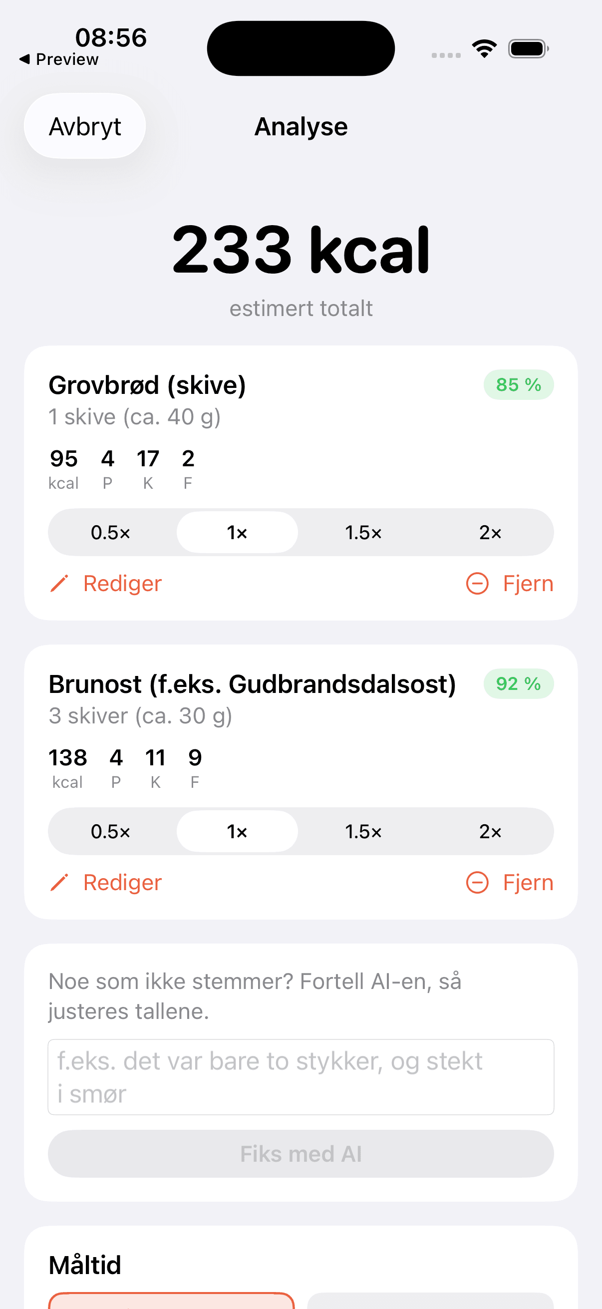 Kalvo analysing a photo of bread and brown cheese, estimating 233 kcal