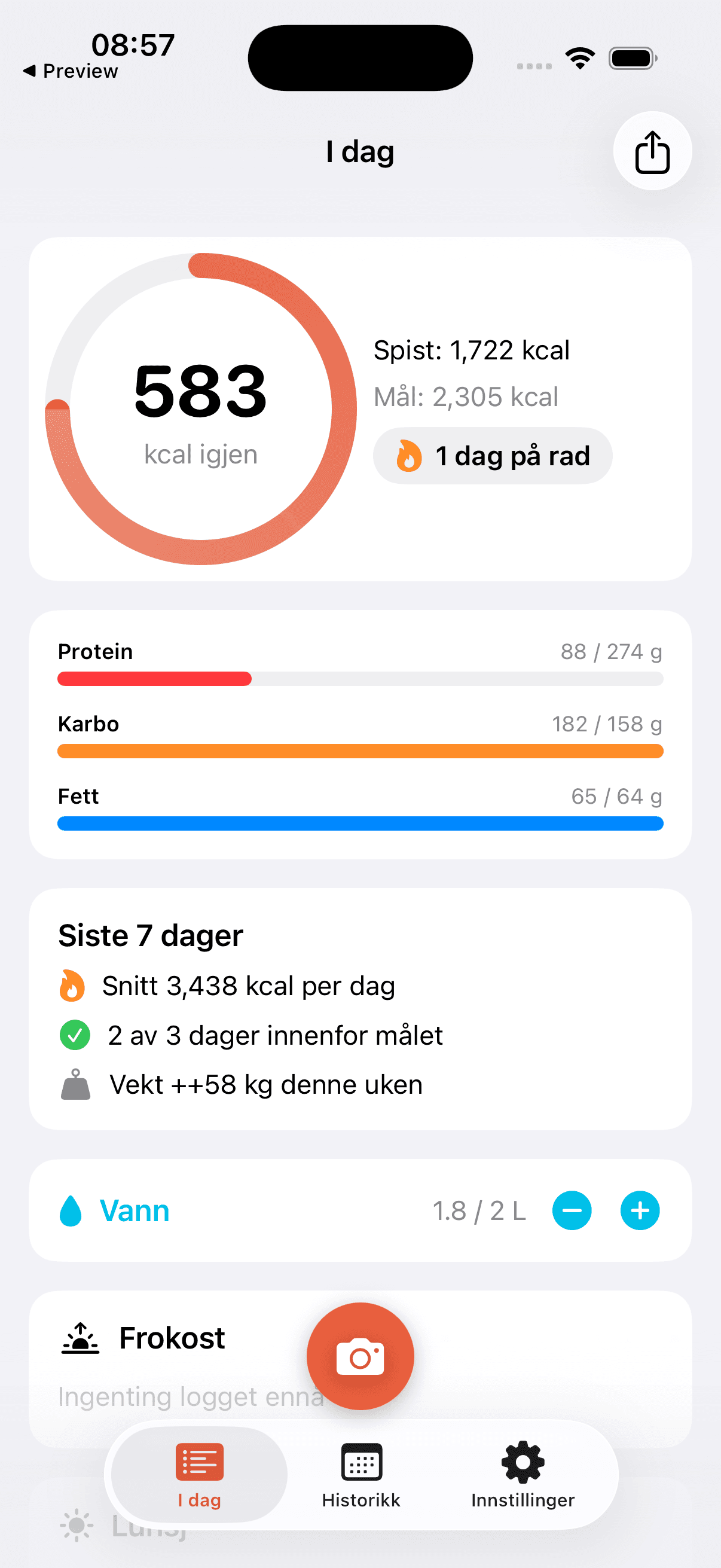 Kalvo Today screen showing a calorie ring with 583 kcal remaining and macro bars